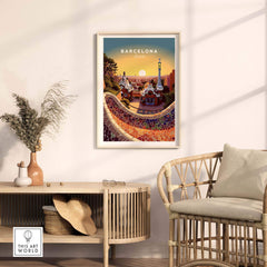 Barcelona travel poster print in a stylish room setting, featuring vibrant colors and iconic architecture. Perfect for home decor.