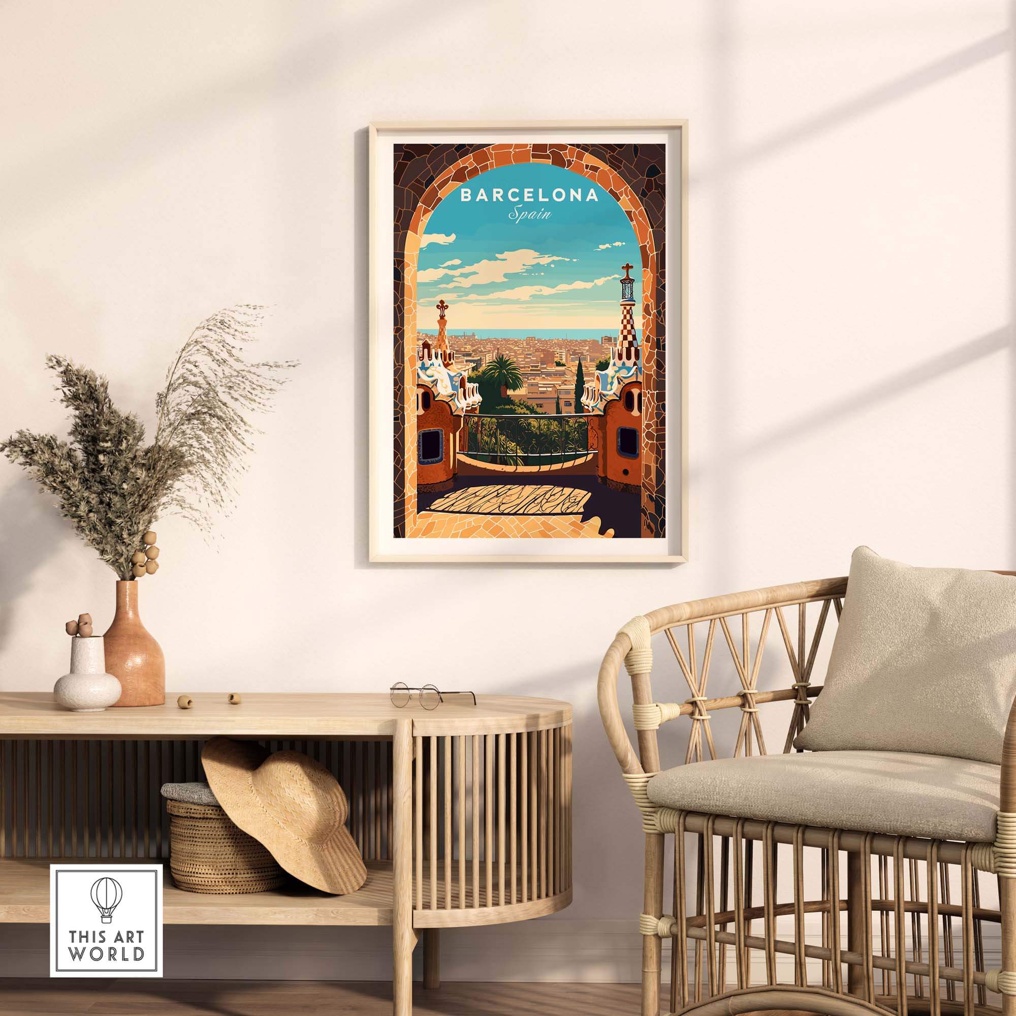 Barcelona poster featuring Park Güell displayed in a stylish interior, showcasing vibrant colors and intricate design.