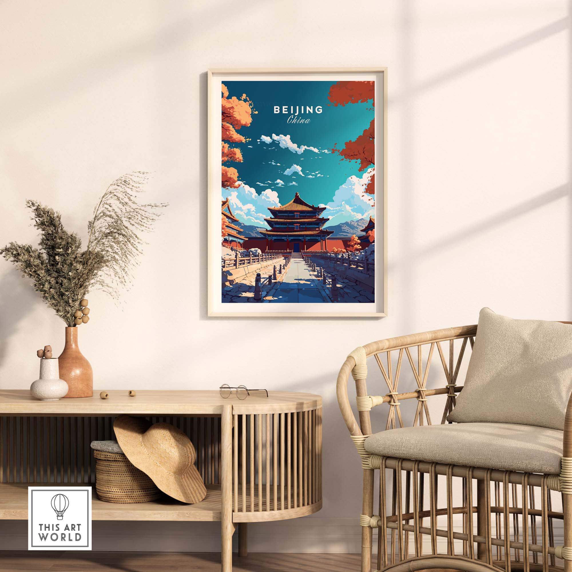 Elegant Beijing poster featuring the Forbidden City, showcasing Chinese architecture and culture in stylish home decor.