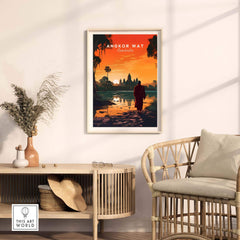 Angkor Wat wall art featuring stunning sunset view, perfect for home decor and travel memory from Cambodia.