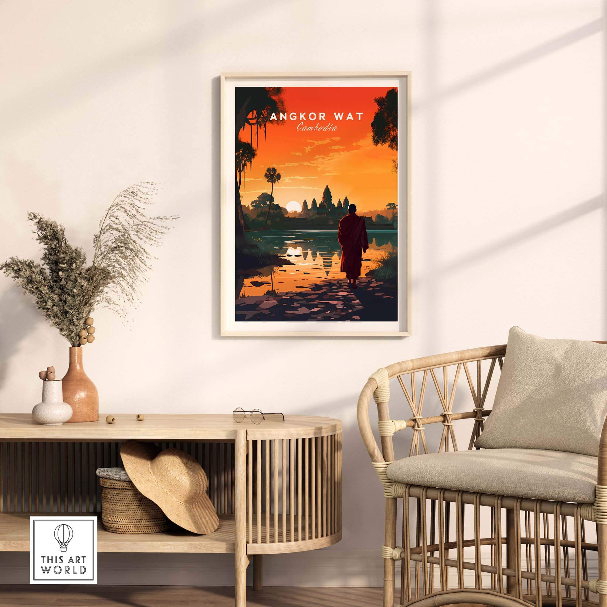 Angkor Wat wall art featuring stunning sunset view, perfect for home decor and travel memory from Cambodia.