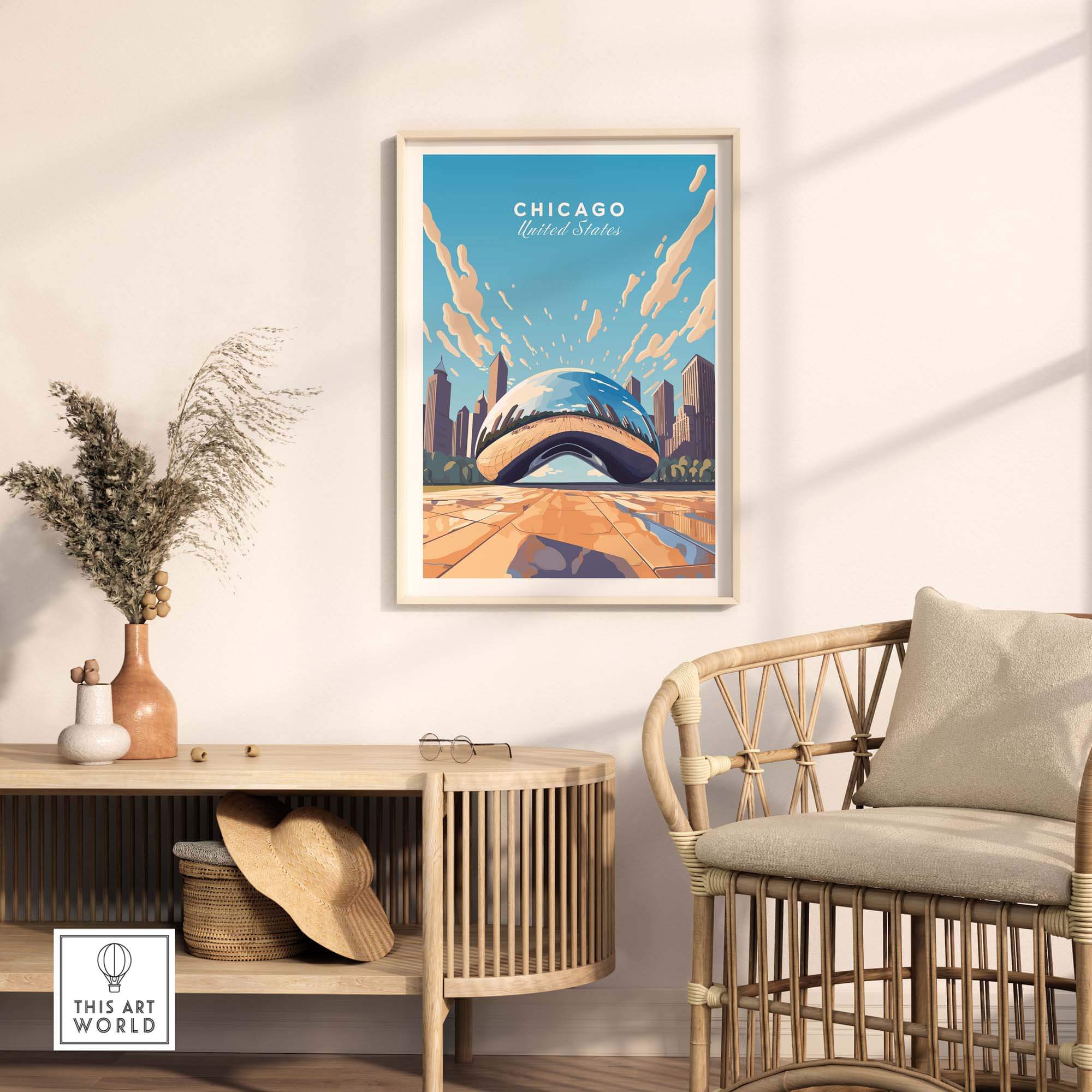 Chicago Print featuring The Cloud Gate, a stylish wall art piece perfect for Chicagoans and visitors in a cozy setting.