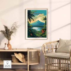 Vibrant Costa Rica print featuring Arenal Volcano and tropical landscapes in a stylish home interior setting.