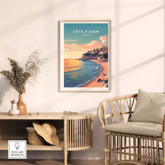 Colorful Côte d'Azur travel poster print displayed in a stylish interior, showcasing the beauty of the French coast.