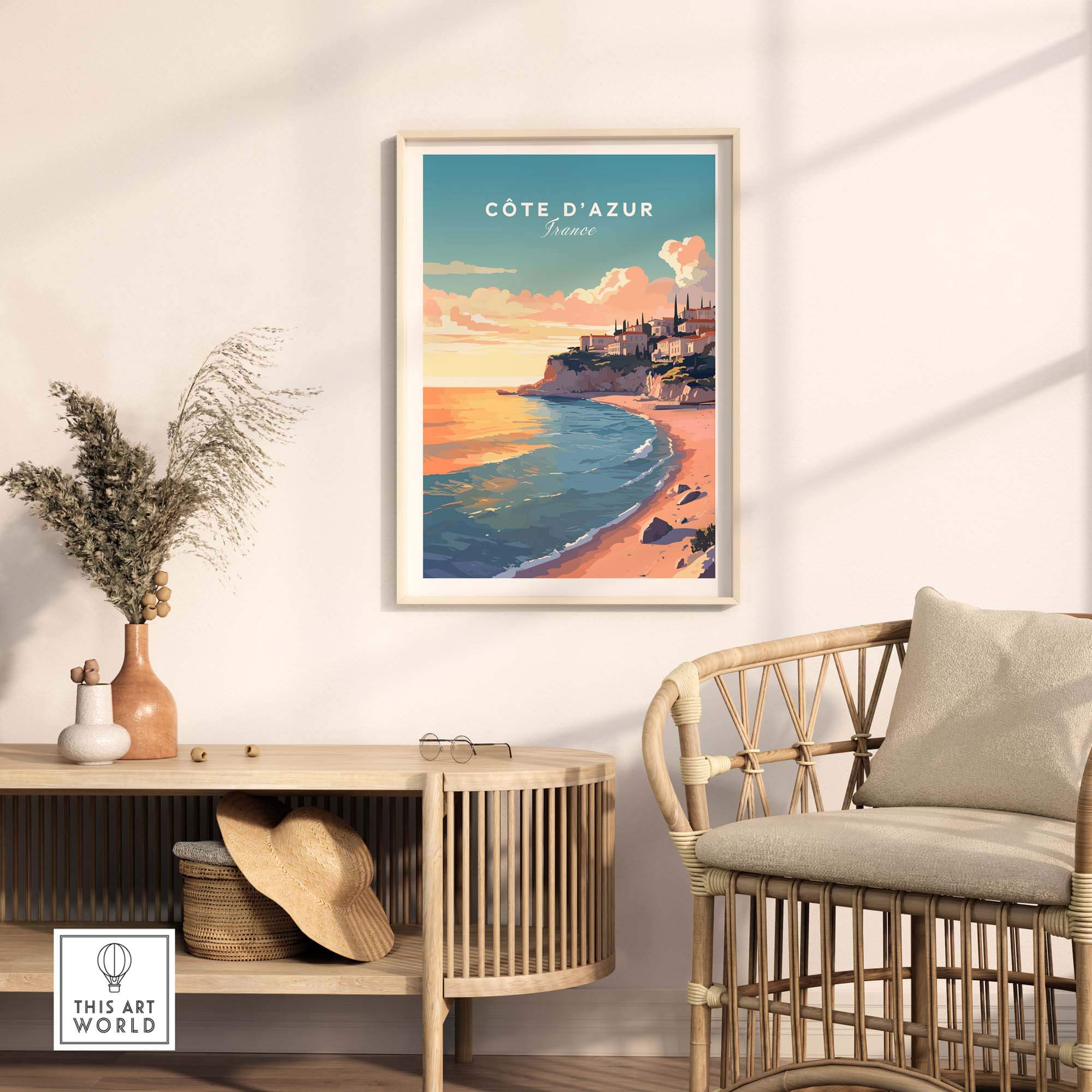 Colorful Côte d'Azur travel poster print displayed in a stylish interior, showcasing the beauty of the French coast.