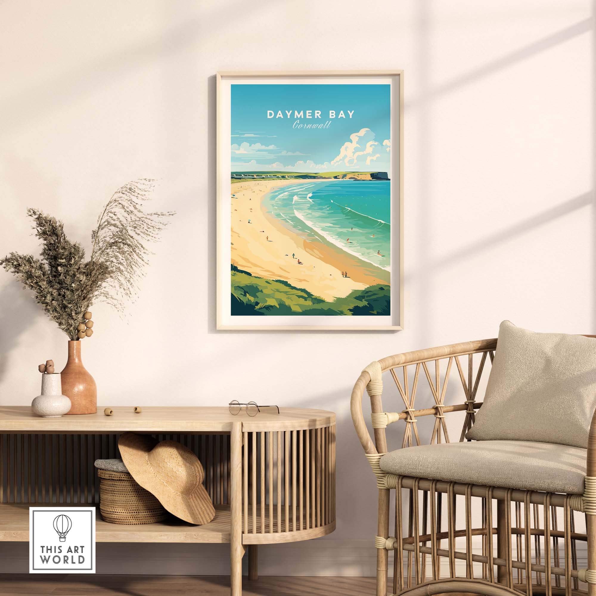 Daymer Bay Cornwall Print showcasing a serene coastal view, perfect for home decor and relaxation.