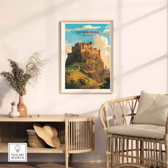 Edinburgh Poster Print showcasing Edinburgh Castle in a stylish interior setting with natural light.