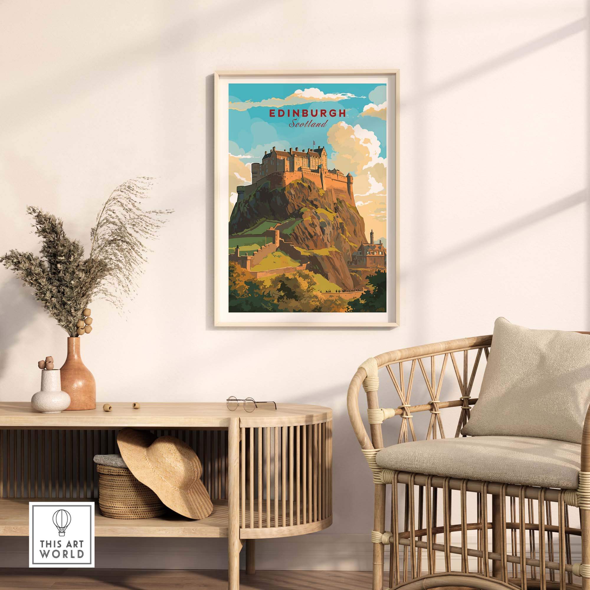 Edinburgh Poster Print showcasing Edinburgh Castle in a stylish interior setting with natural light.