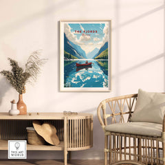 Colorful Fjords wall art displayed in a modern living room setting with a cozy chair and decorative elements.