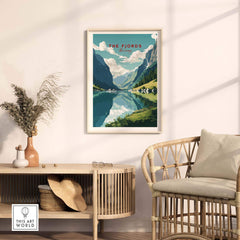 Norway Fjords Travel Poster displayed in a stylish interior, showcasing stunning mountains and reflection in vibrant colors.