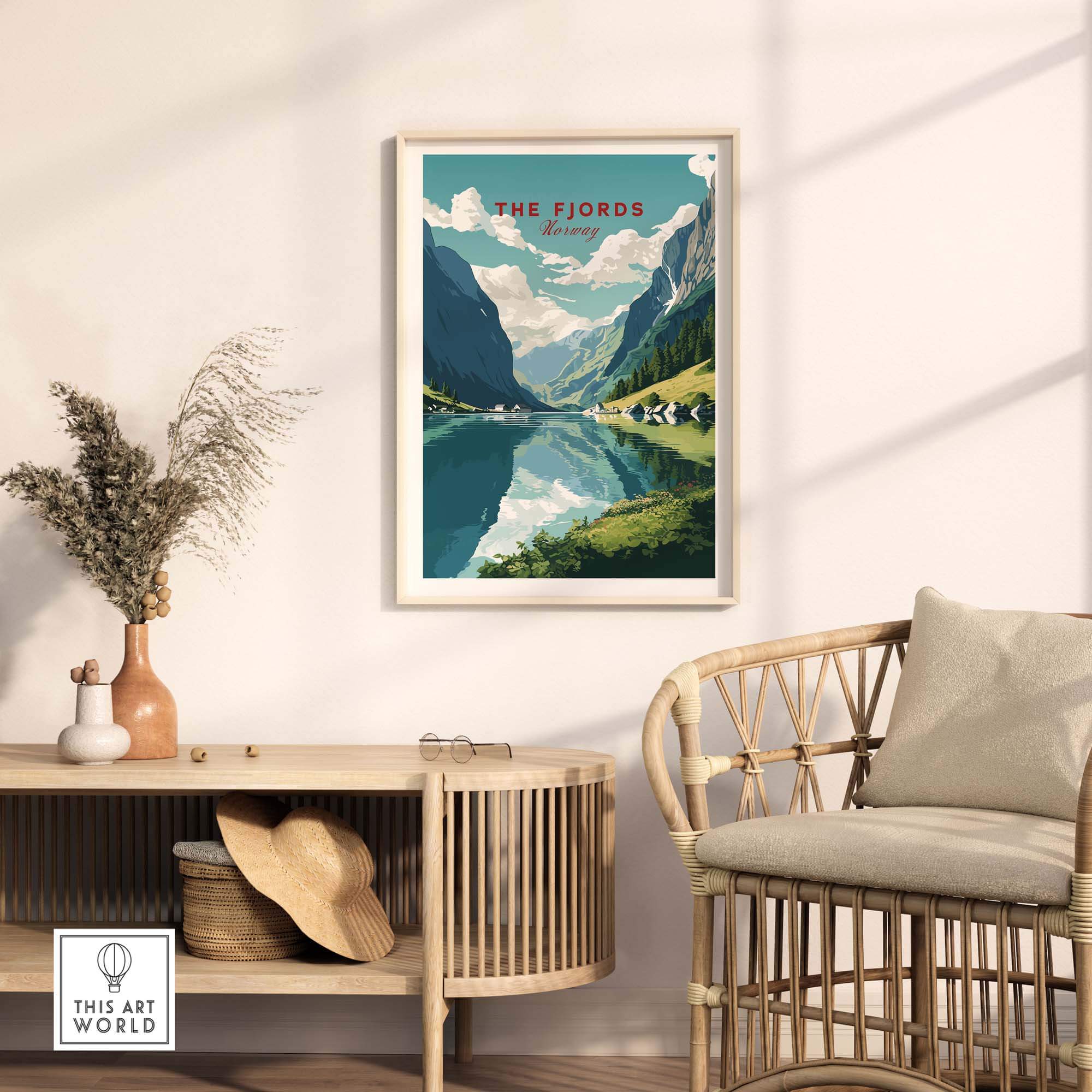 Norway Fjords Travel Poster displayed in a stylish interior, showcasing stunning mountains and reflection in vibrant colors.