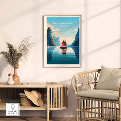 Ha Long Bay poster featuring a junk boat sailing through turquoise water in Vietnam, perfect for home decor.
