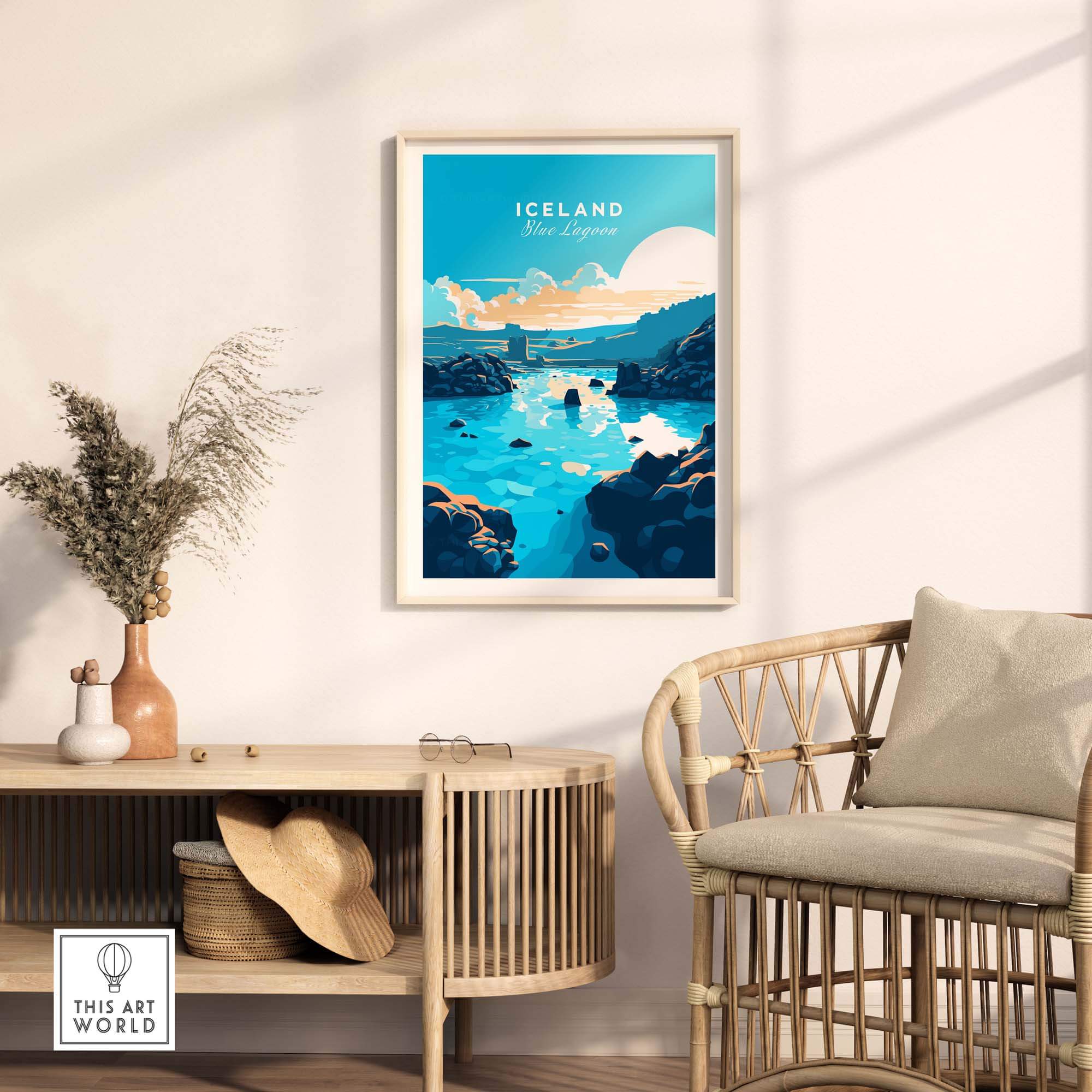 Blue Lagoon Iceland poster displayed in a stylish home setting, featuring serene colors and travel-inspired artwork.