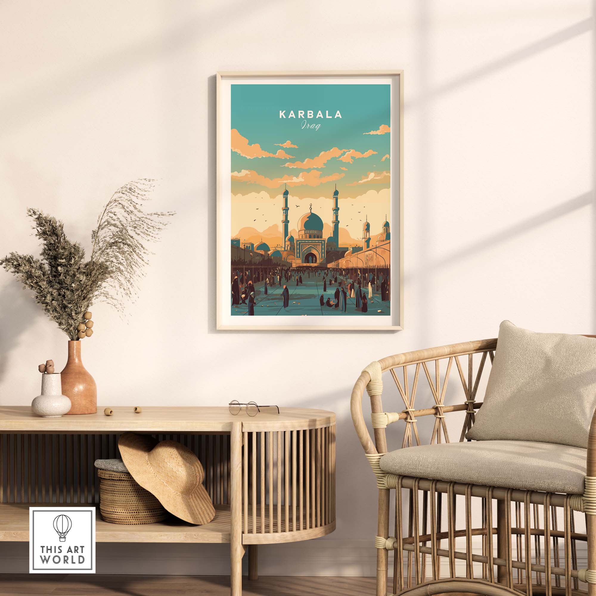 Karbala Iraq travel poster print showcasing vibrant cityscape, ideal for home décor inspiration.