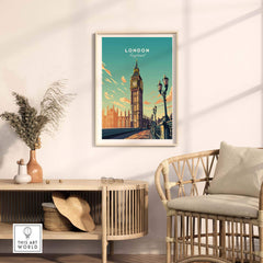 London Big Ben poster framed on wall, showcasing iconic England design in vibrant colors for stylish home decor.