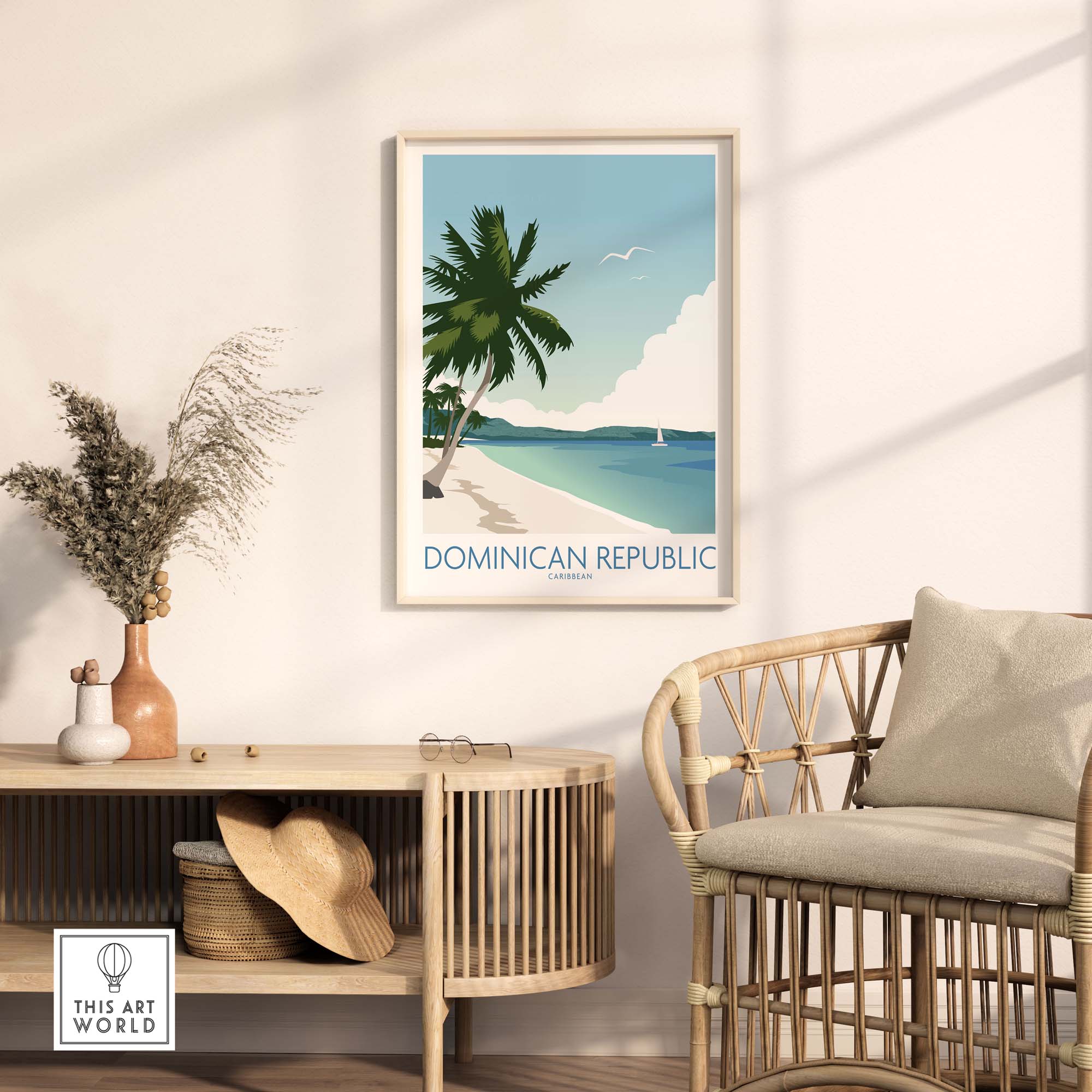 Dominican Republic wall art print with vibrant colors showcasing palm trees and beach decor in a stylish living room.