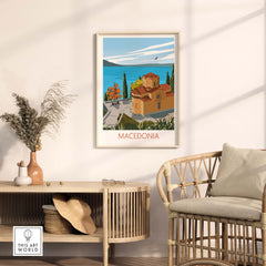 Macedonia wall art print featuring a scenic view of traditional architecture and nature, perfect for home décor.