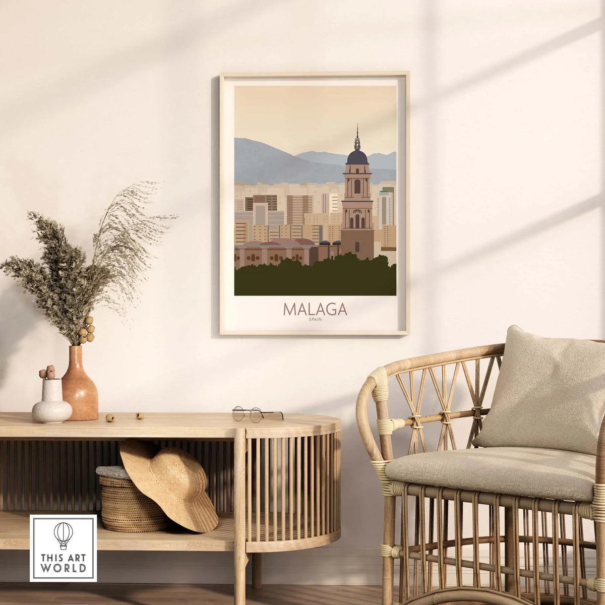 Malaga Wall Art Print featuring vibrant cityscape in a stylish living room setting, perfect for home decor.