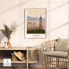 Malaga Wall Art Print featuring vibrant cityscape in a stylish living room setting, perfect for home decor.