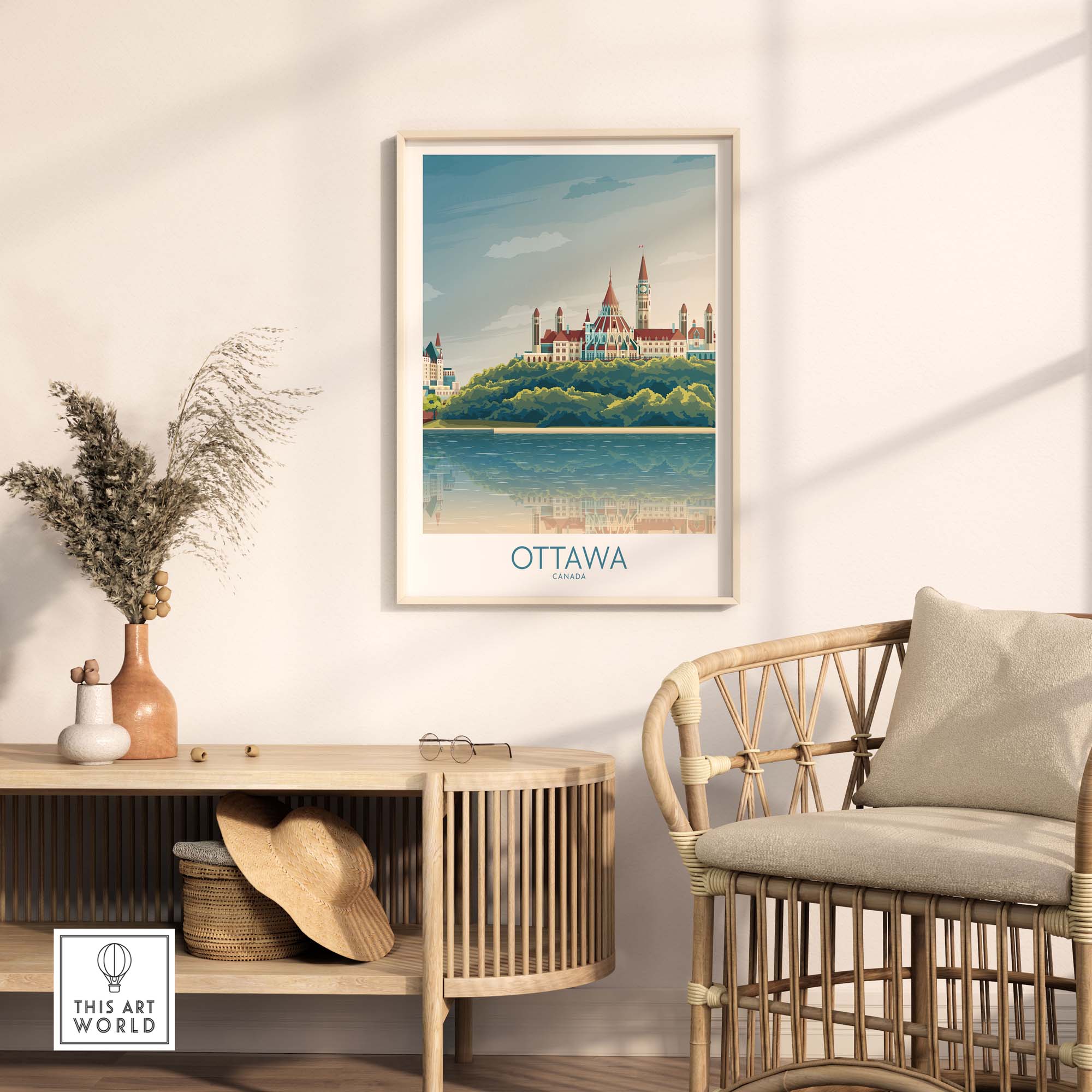Ottawa Wall Art Print showcasing a scenic view of Ottawa's skyline with framed decor in a stylish room.