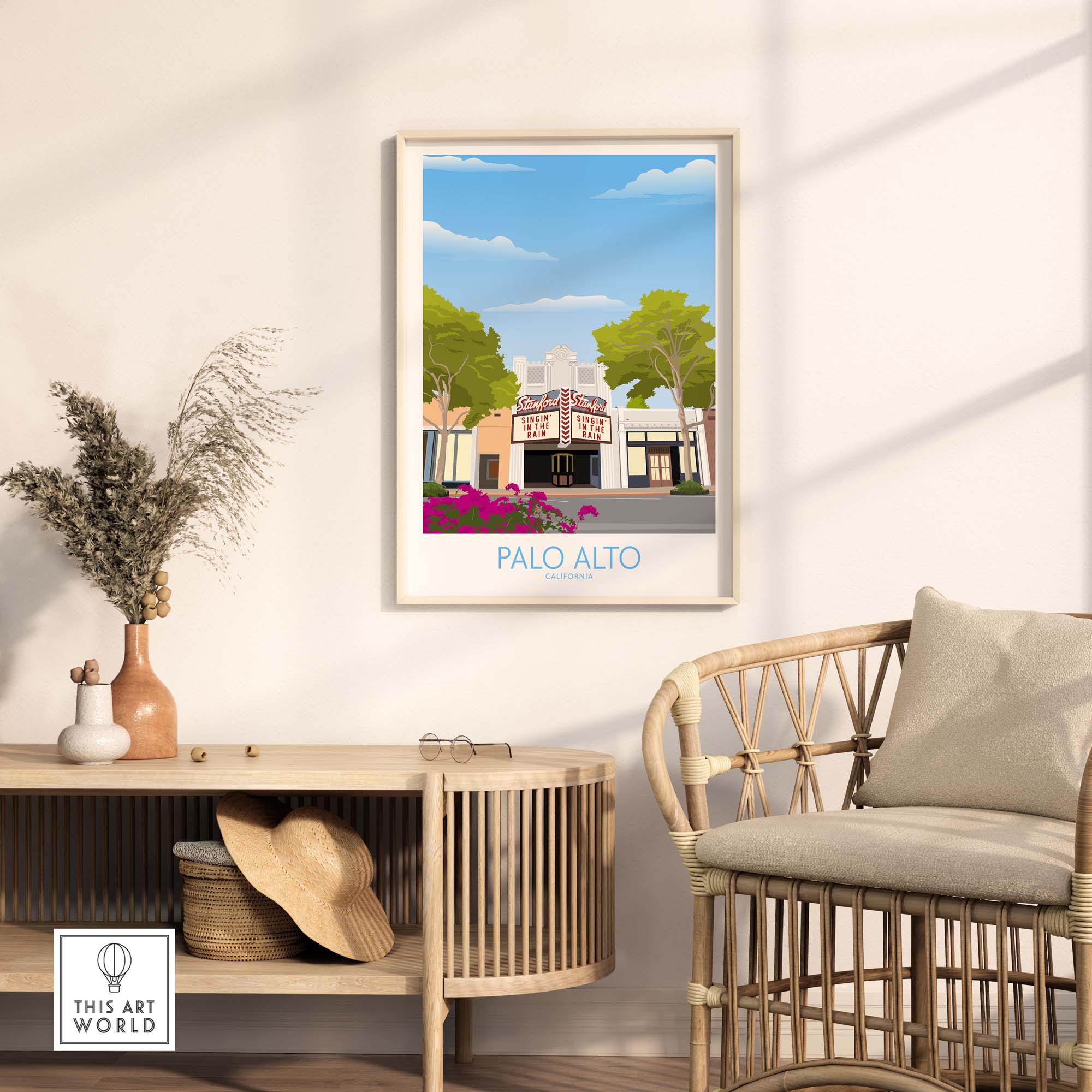 Framed Palo Alto Wall Art Print featuring the historic Palo Alto Theatre in a stylish living room setting.