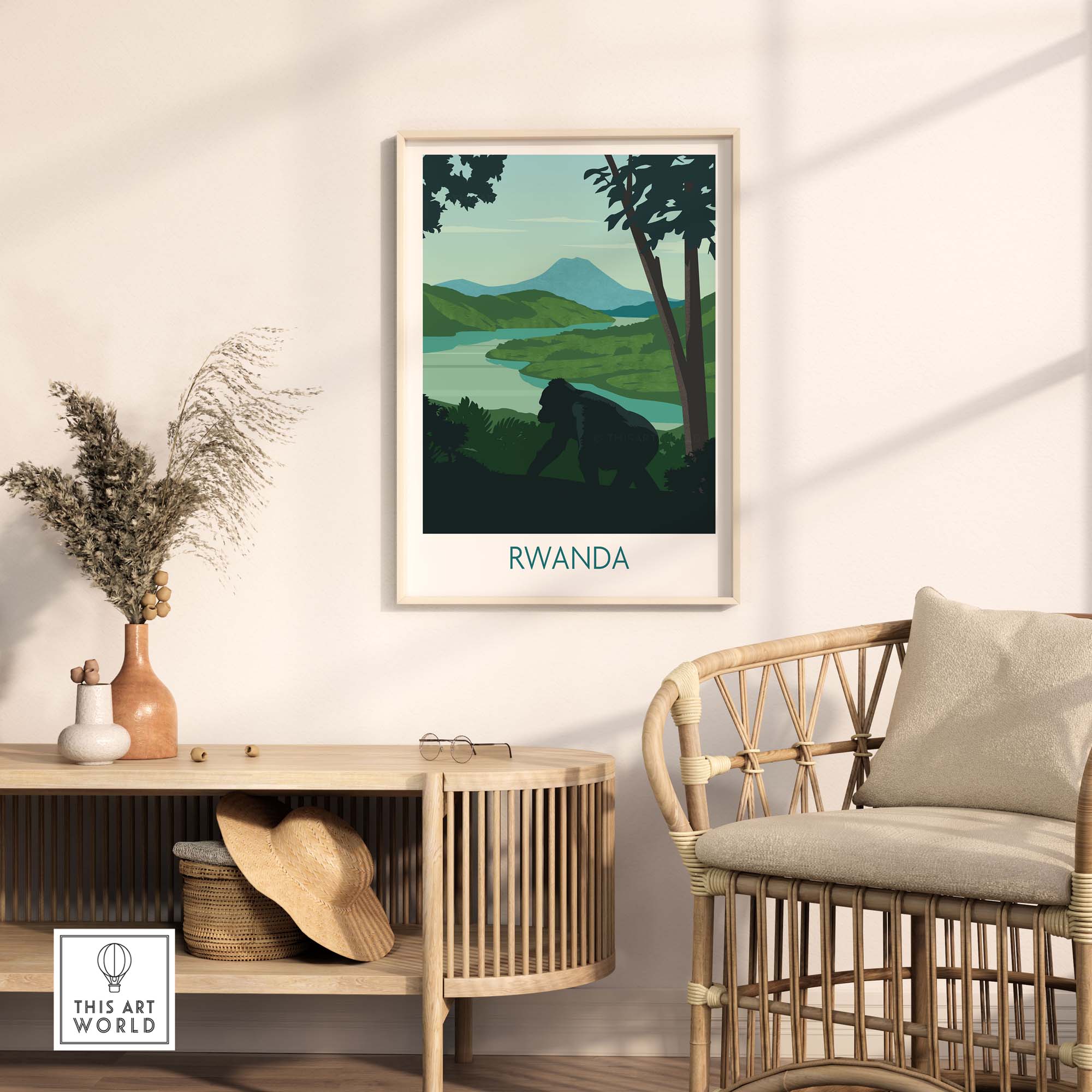 Rwanda Mountain Gorilla wall art print featuring vibrant colors and lifelike detail in a stylish home setting.