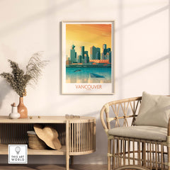 Vancouver wall art print featuring a colorful skyline illustration, perfect for home decor and nature-inspired aesthetics.