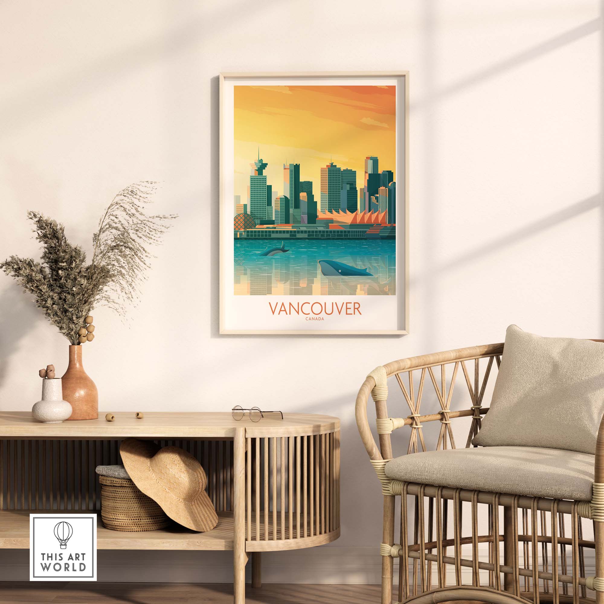 Vancouver wall art print featuring a colorful skyline illustration, perfect for home decor and nature-inspired aesthetics.