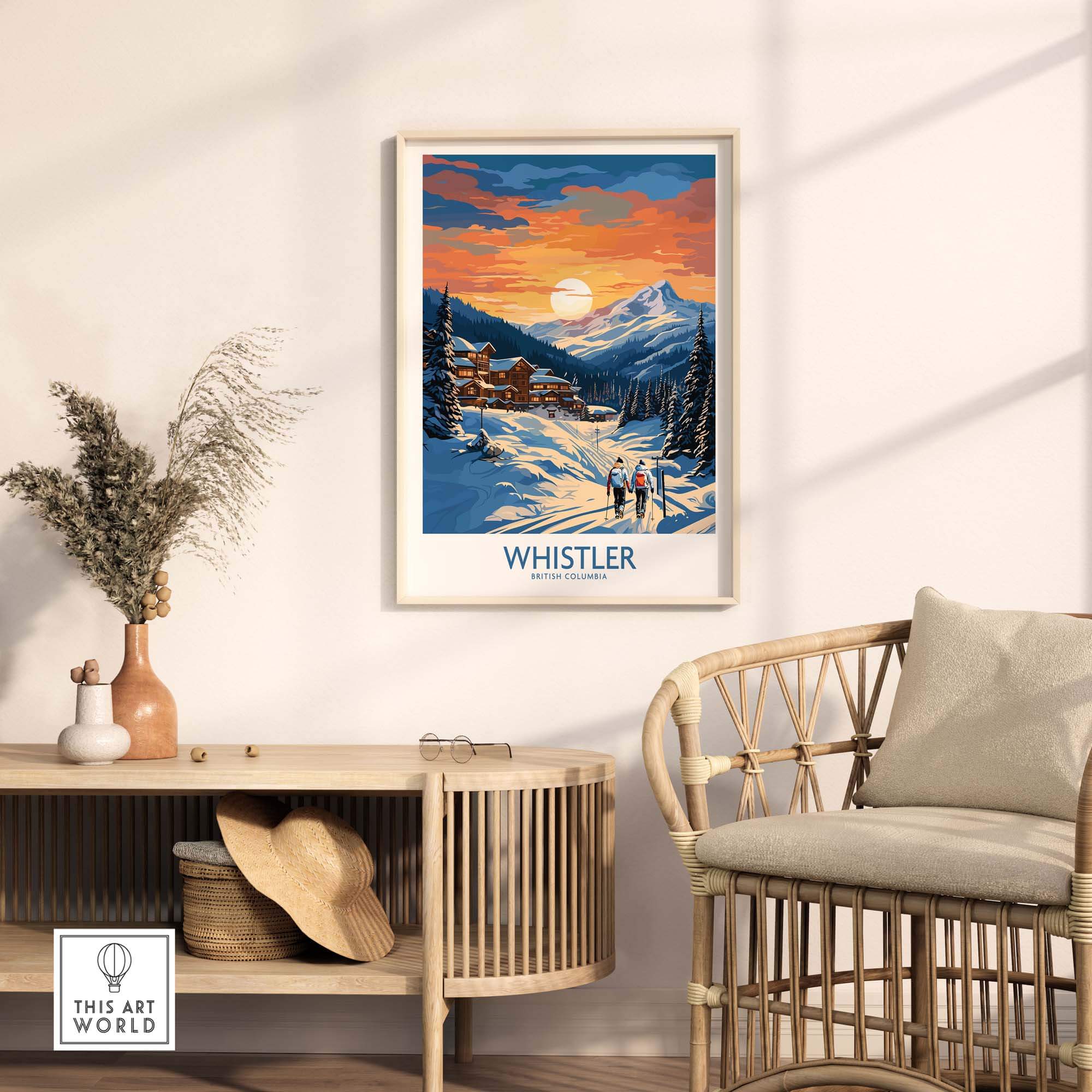Whistler Print poster featuring a winter landscape with skiers, perfect for home decor or as a gift.