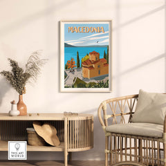 Macedonia travel poster print displayed in a stylish living space, showcasing vibrant colors and scenic imagery.
