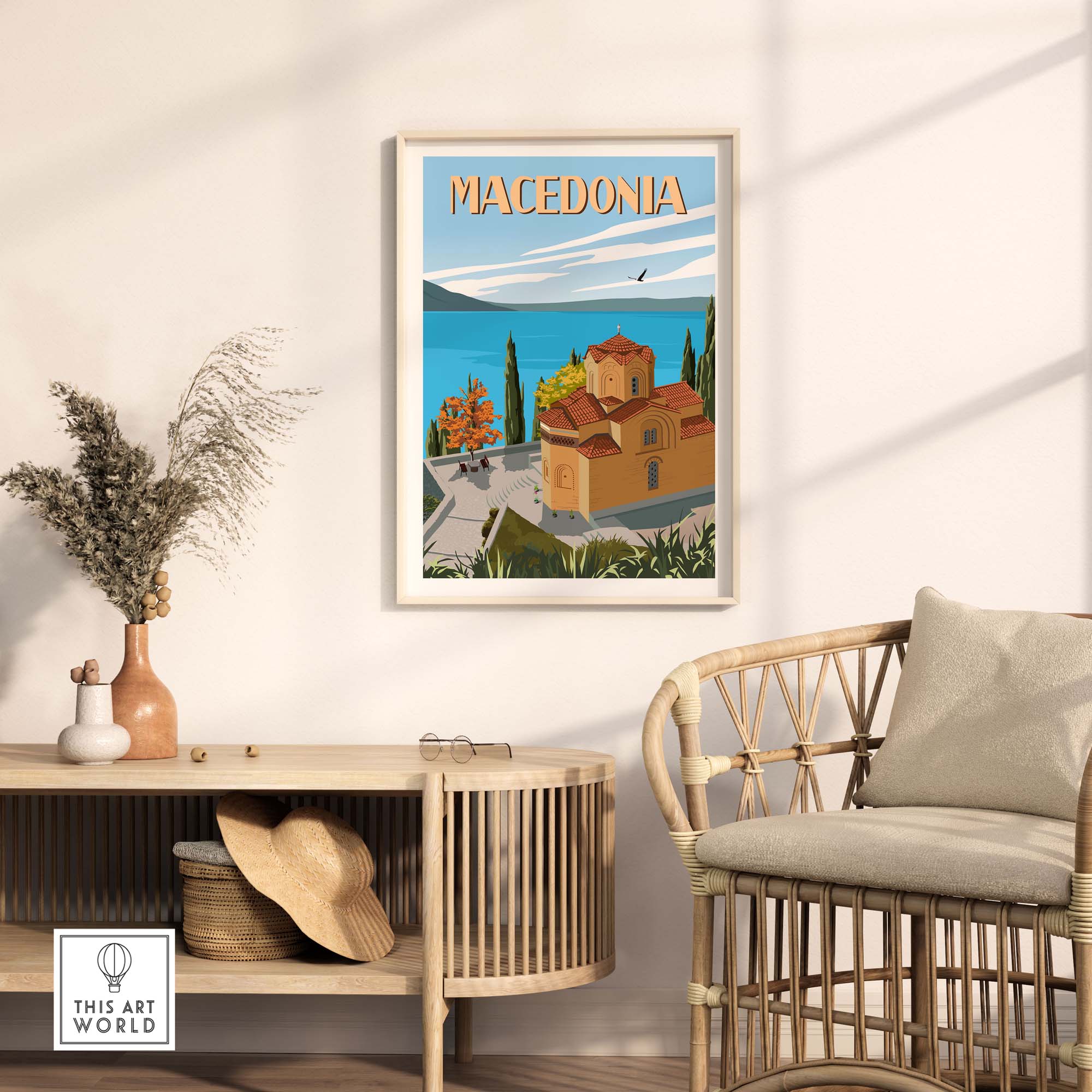 Macedonia travel poster print displayed in a stylish living space, showcasing vibrant colors and scenic imagery.