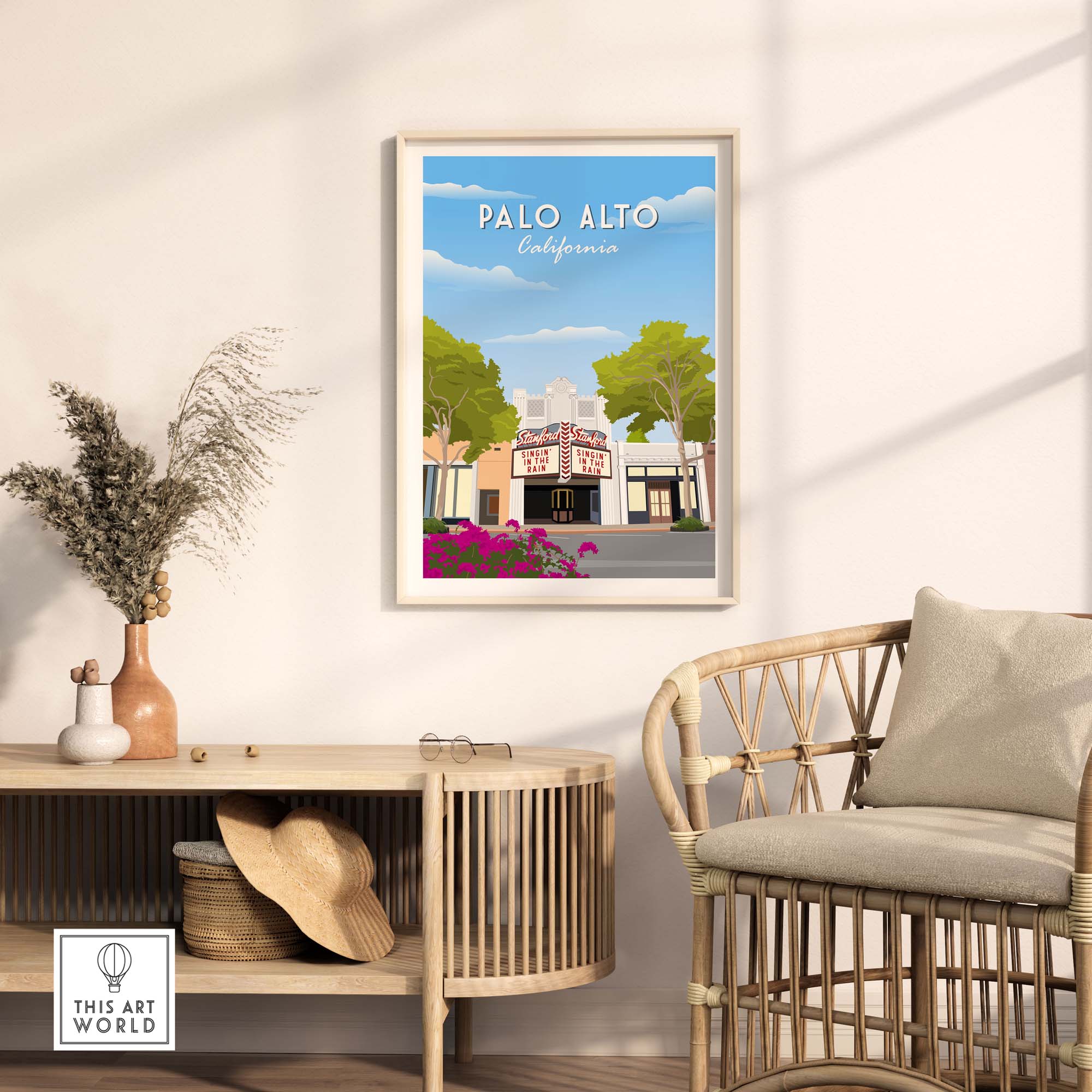 Palo Alto California travel poster print featuring the iconic Stanford theatre in a stylish home setting.