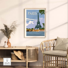Eiffel Tower Paris travel poster print displayed in a stylish living room, adding a touch of Parisian charm to the decor.
