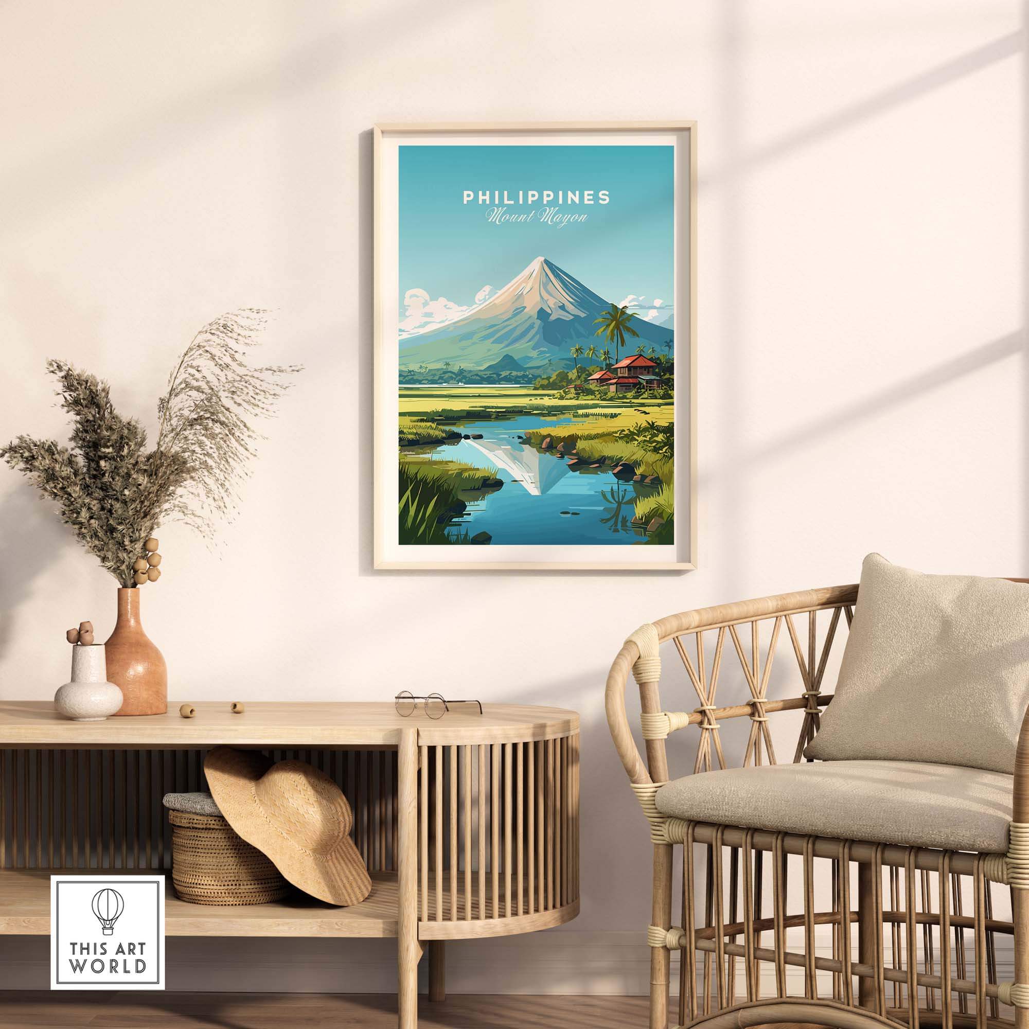 Philippines travel poster featuring Mount Mayon in a serene landscape, perfect for art lovers and adventurous travelers.