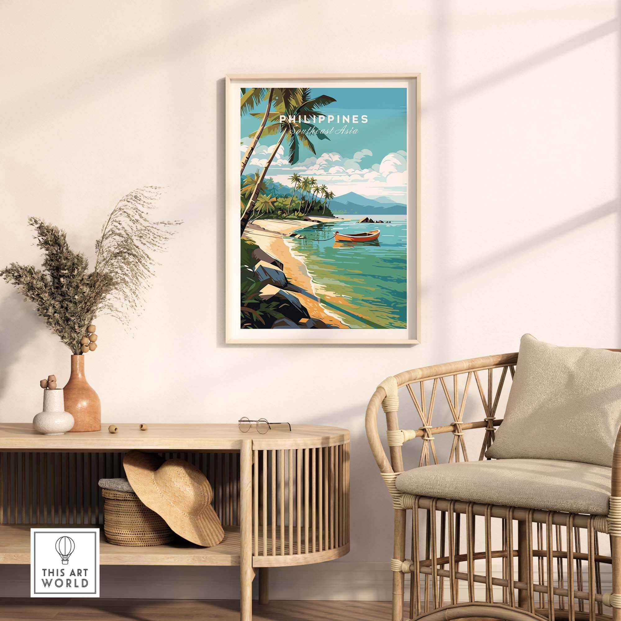 Vibrant Philippines Art Print showcasing a tropical beach scene, perfect for adding travel vibes to any room.