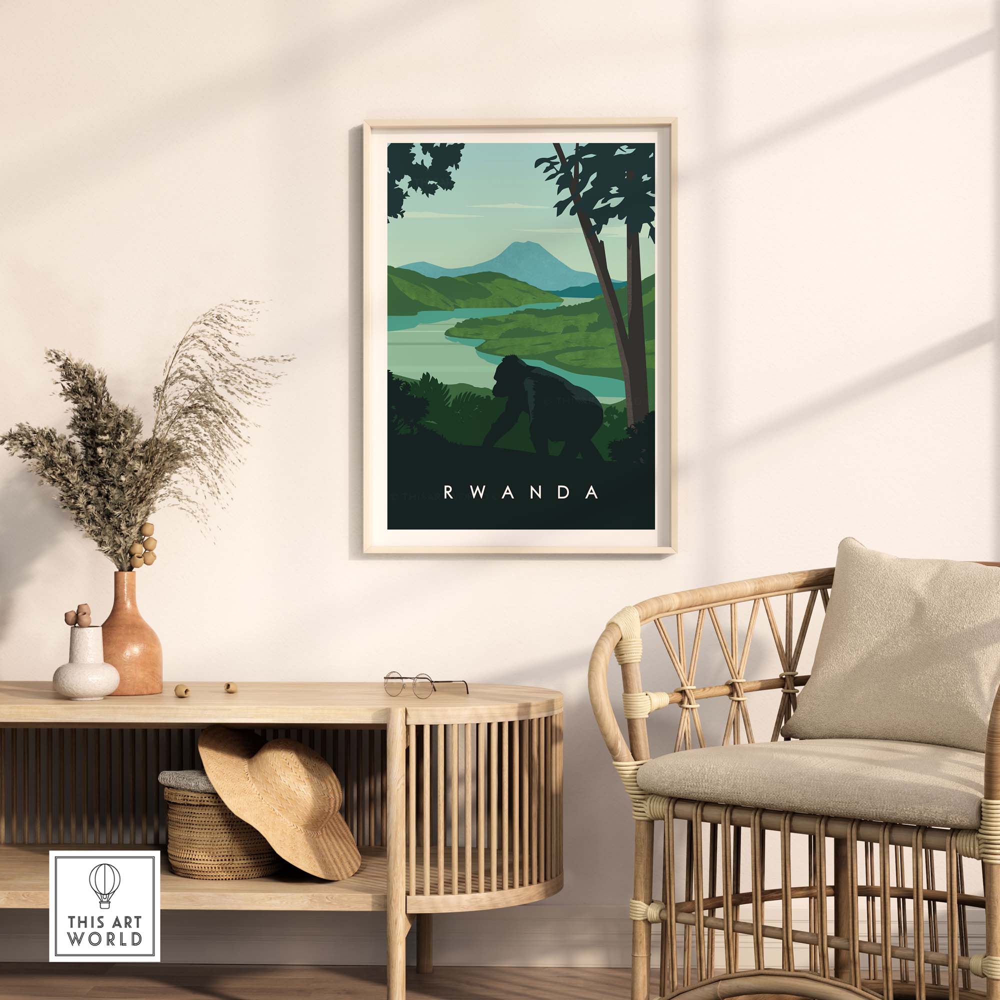 Rwanda travel poster print featuring lush landscapes and a mountain gorilla, perfect for safari-inspired decor.
