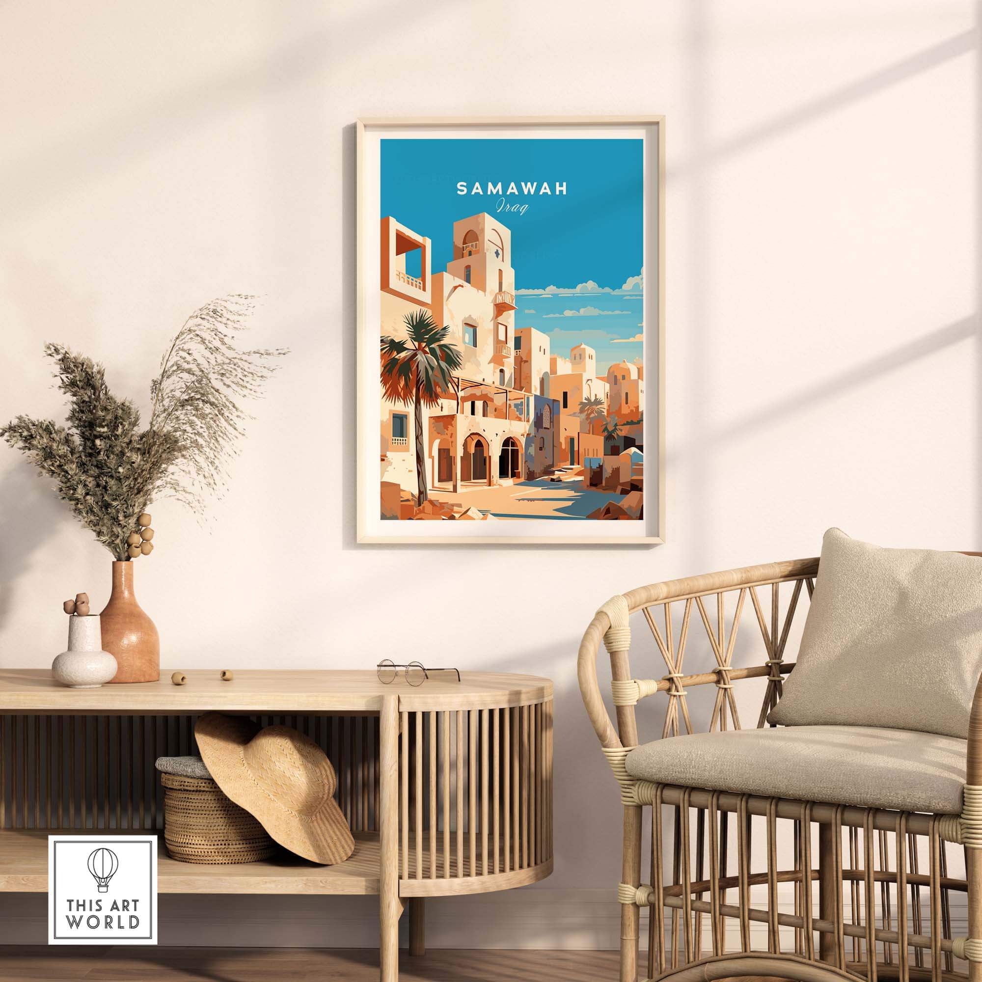 Samawah Iraq travel poster print featuring desert architecture and palm trees, ideal for home decor.