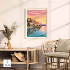 Skiathos Greece travel poster print featuring a vibrant sunset over the Aegean Sea in a stylish home decor setting.