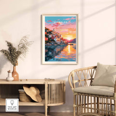 Skopelos Greece travel poster print showcasing vibrant sunset colors and reflections in a stylish interior setting.