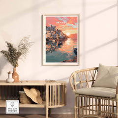 Skyros Greece travel poster print featuring vibrant sunset reflection on tranquil waters, ideal for home decor.