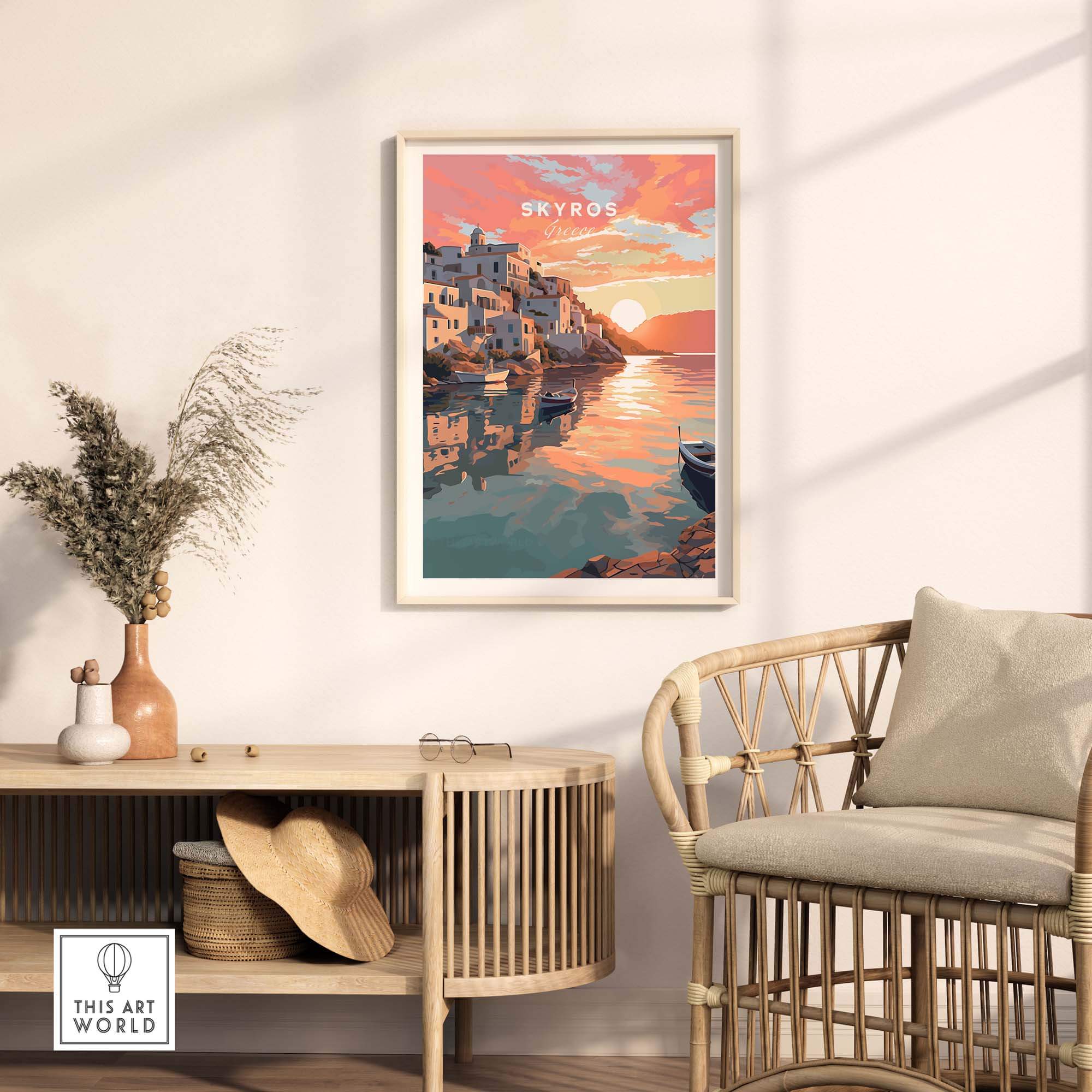 Skyros Greece travel poster print featuring vibrant sunset reflection on tranquil waters, ideal for home decor.