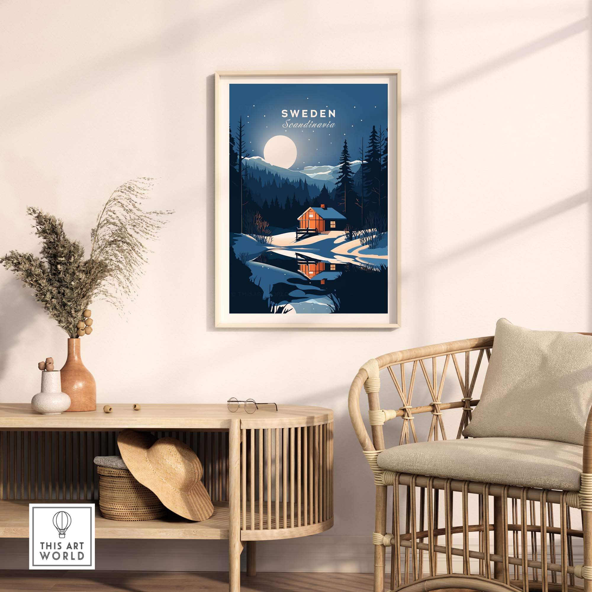 Sweden art print featuring a cozy cabin landscape with moon and forest, framed and displayed in a stylish home interior.