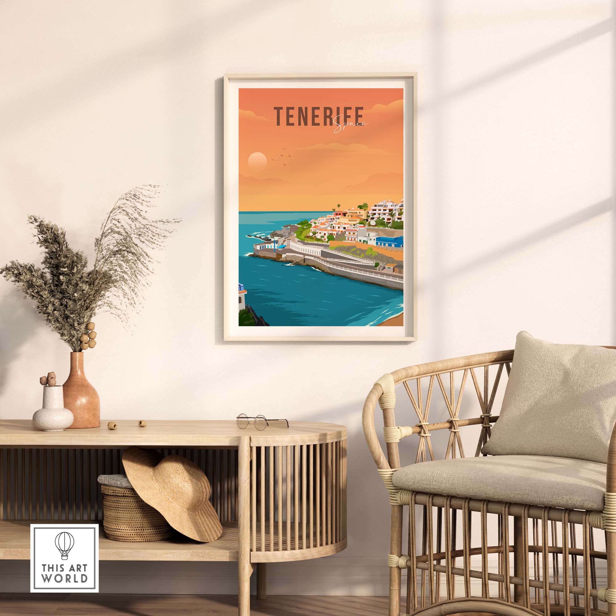 Tenerife travel poster print featuring coastal views and sunset, perfect for wall decor and gift ideas.