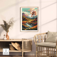 Scottish Highlands wall art featuring vibrant scenery and colors, displayed in a stylish home interior setting.