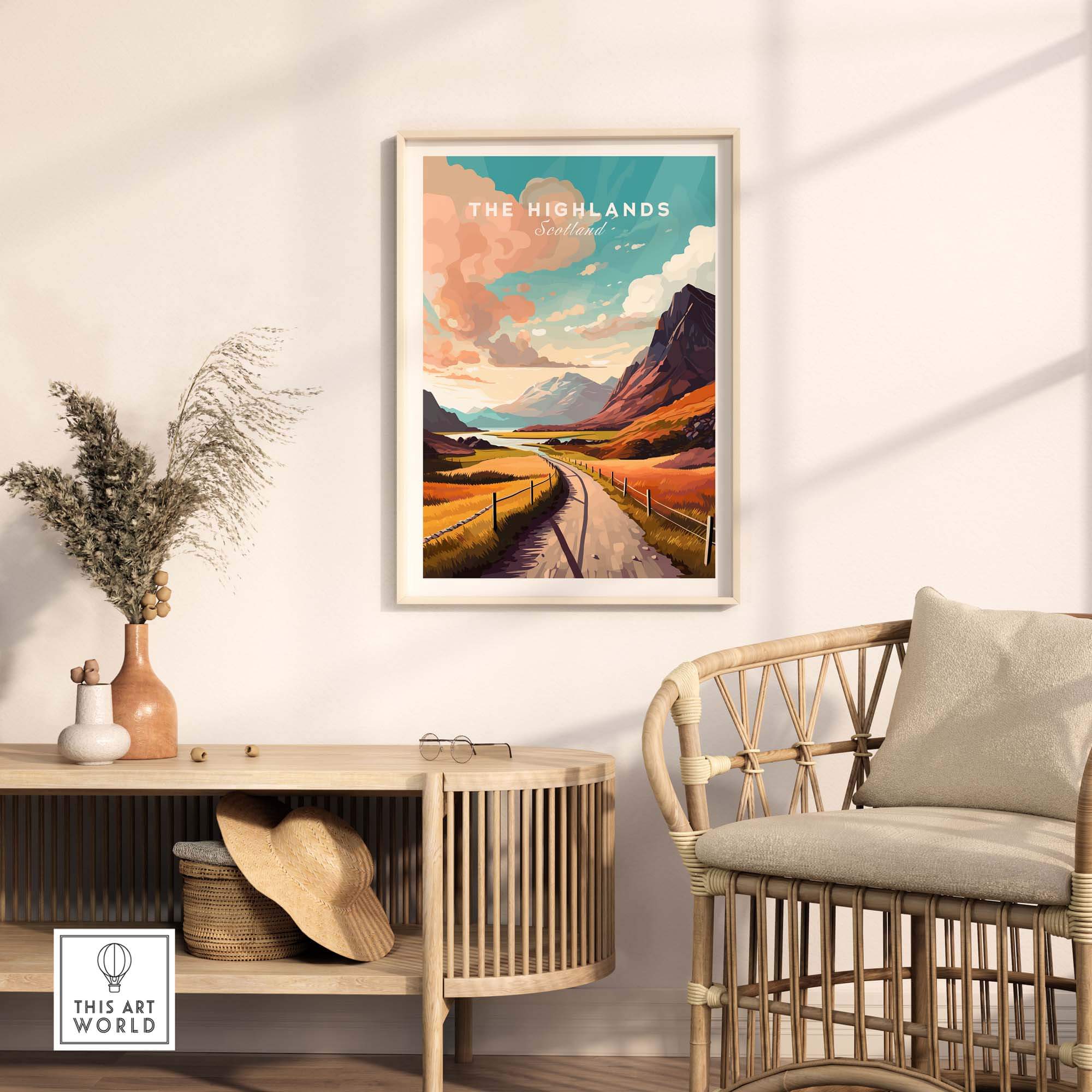 Scottish Highlands art print displayed on a wall above a stylish rattan chair, showcasing scenic landscape and vibrant colors.