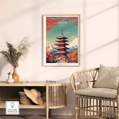 Vivid Tokyo Japan poster featuring a red pagoda in autumn, perfect for home decor and travel enthusiasts.