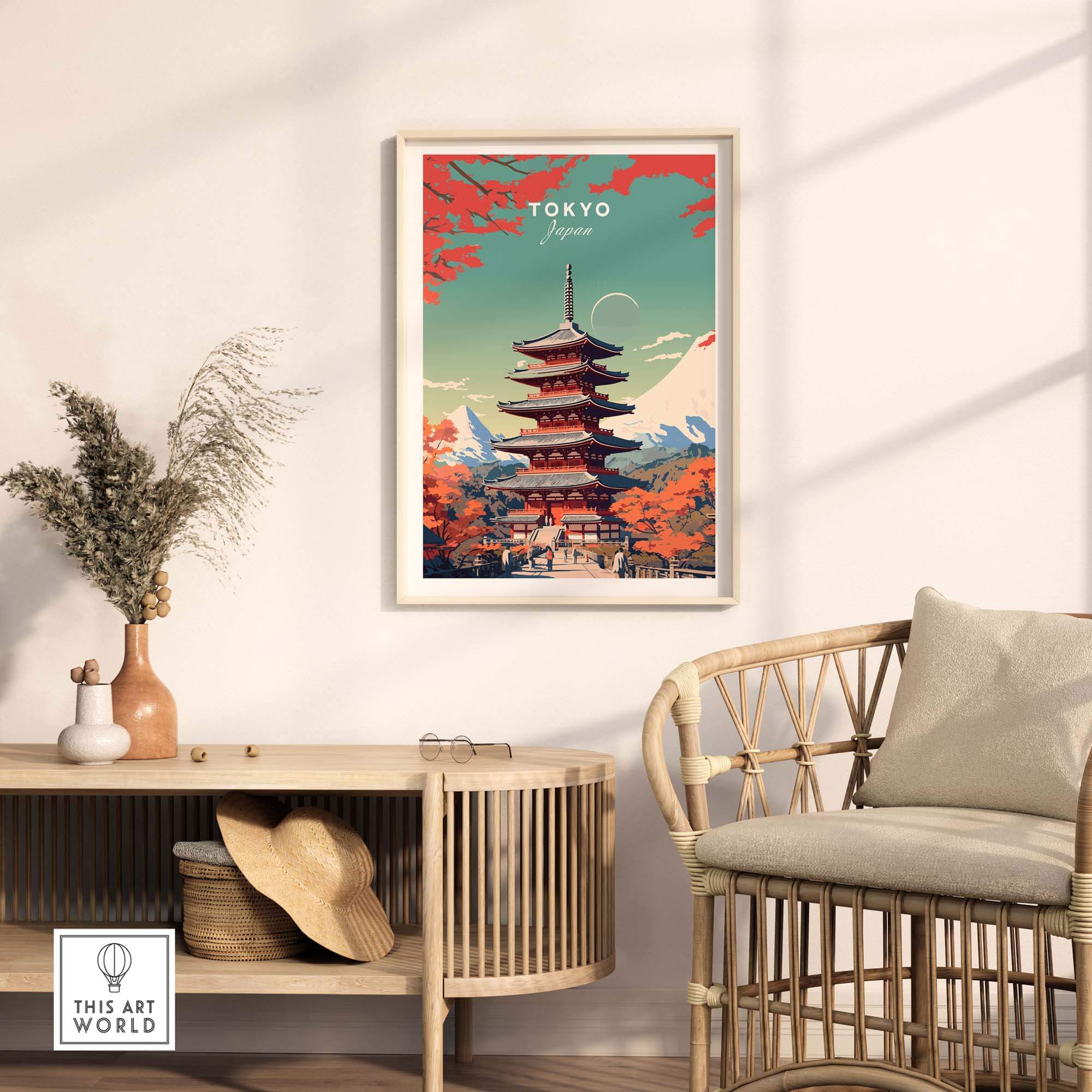 Vivid Tokyo Japan poster featuring a red pagoda in autumn, perfect for home decor and travel enthusiasts.