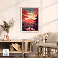 Beautiful Tokyo Mount Fuji poster in a stylish home setting, showcasing vibrant colors and serene scenery.