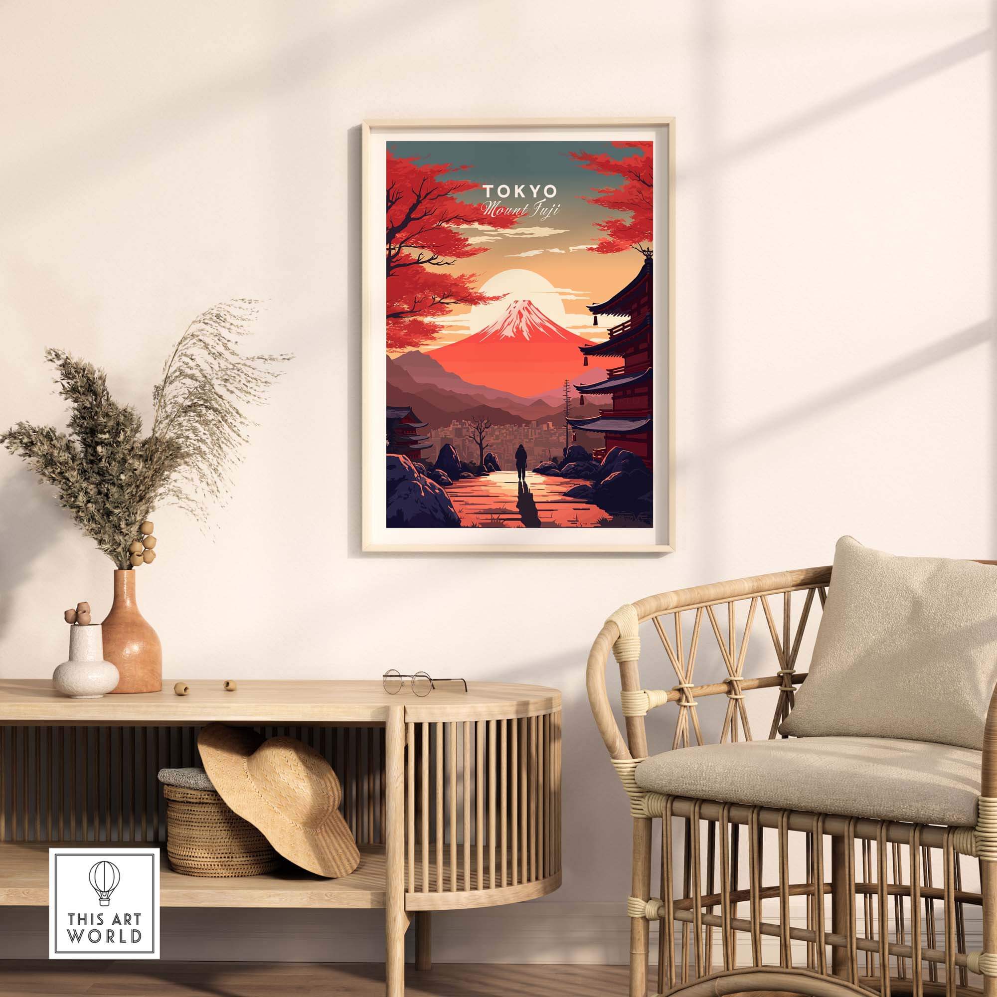Beautiful Tokyo Mount Fuji poster in a stylish home setting, showcasing vibrant colors and serene scenery.