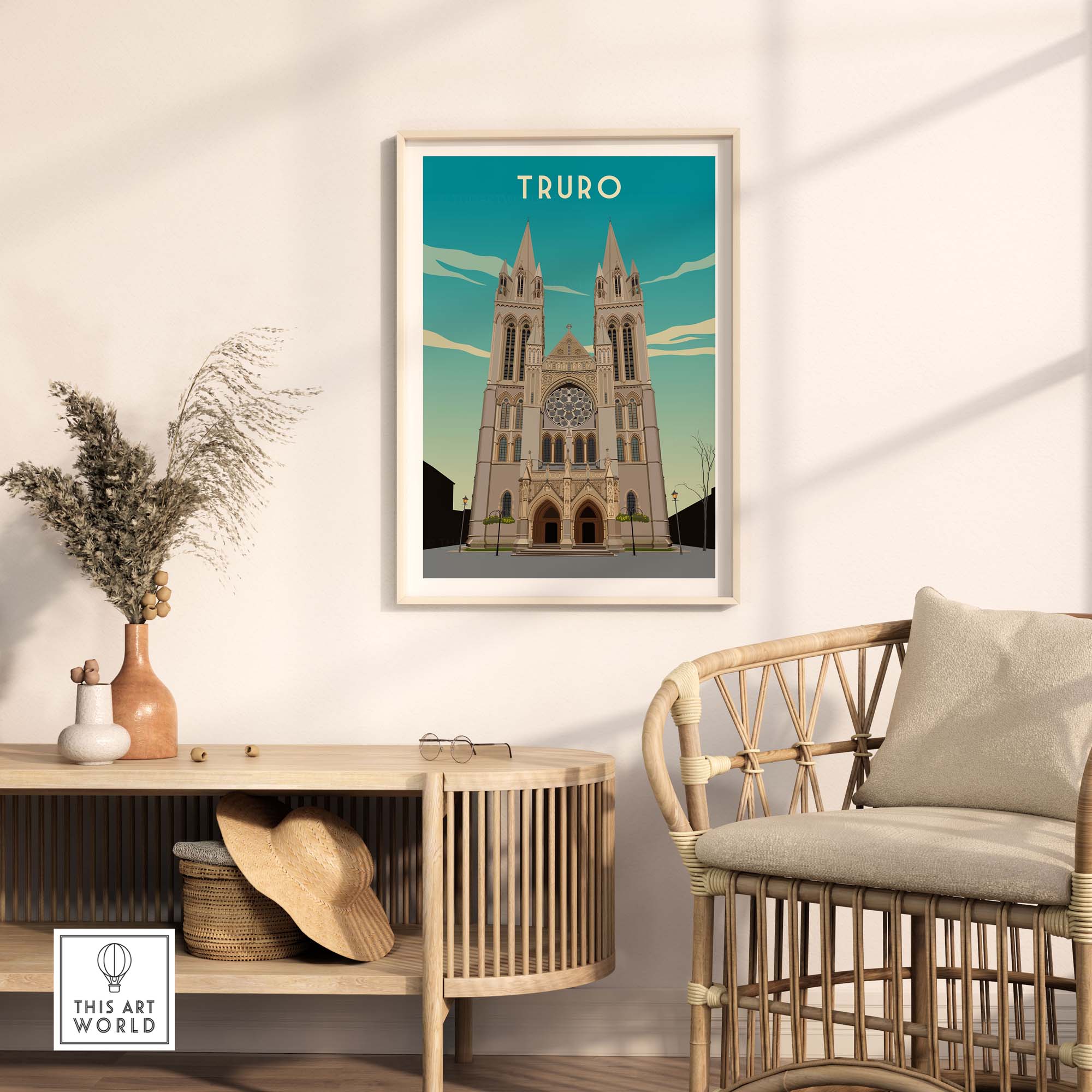 Stylish Truro Cornwall travel poster print displayed in a modern interior, perfect for home or office decor.
